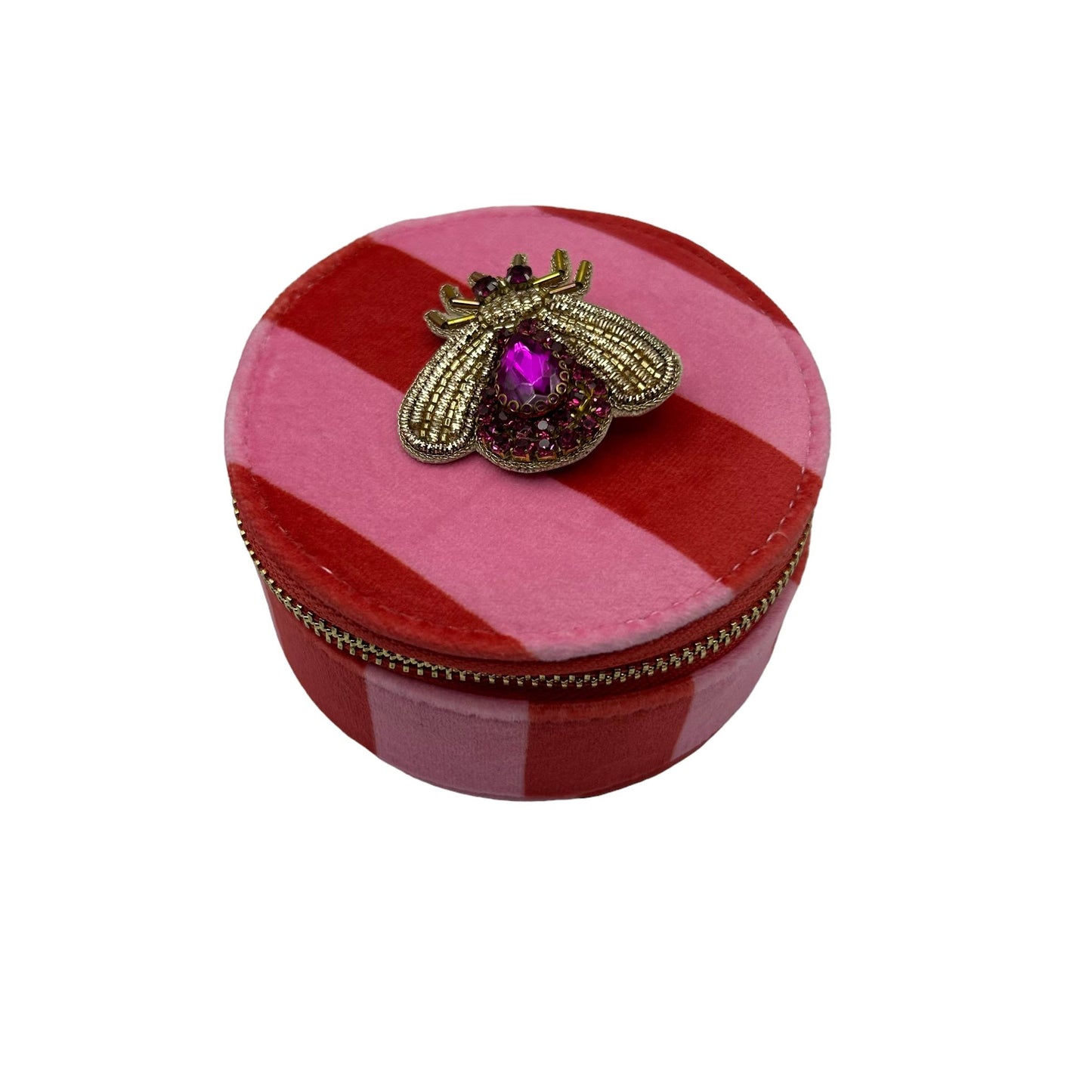 Jewellery Travel Pot in pink stripe with Insect pin