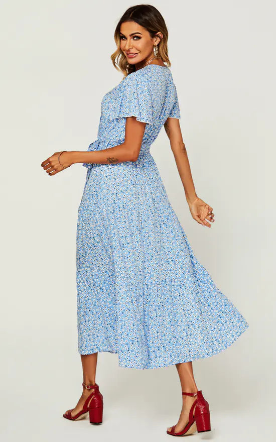 Floral Print Wrap Midi Dress In Blue