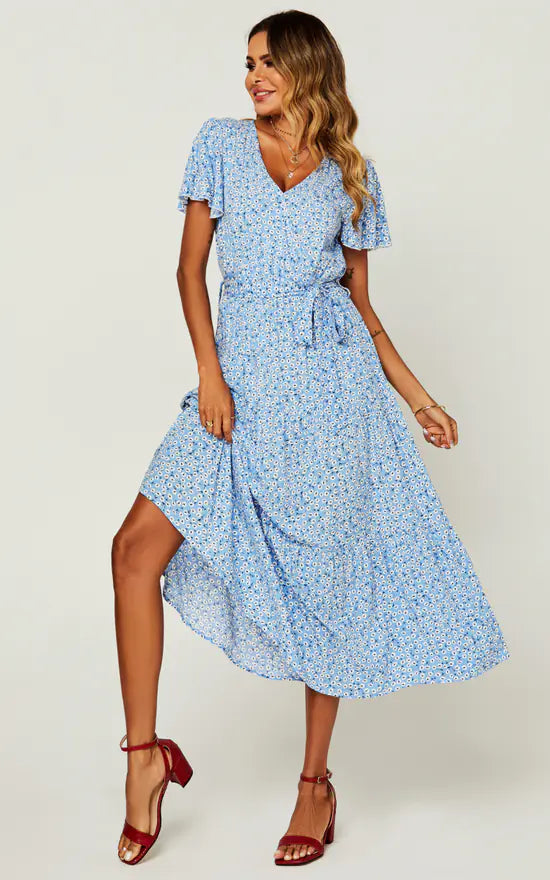 Floral Print Wrap Midi Dress In Blue