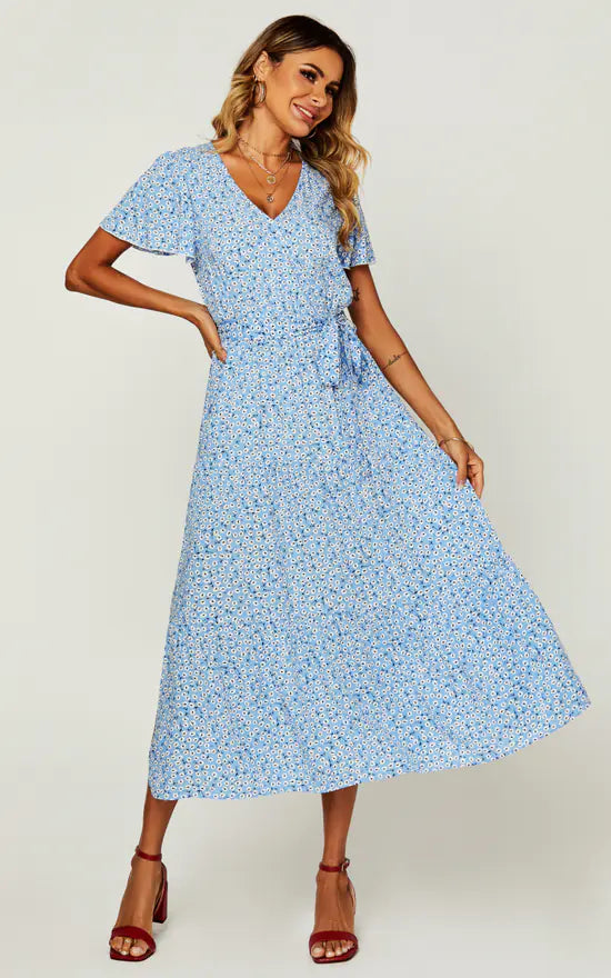 Floral Print Wrap Midi Dress In Blue