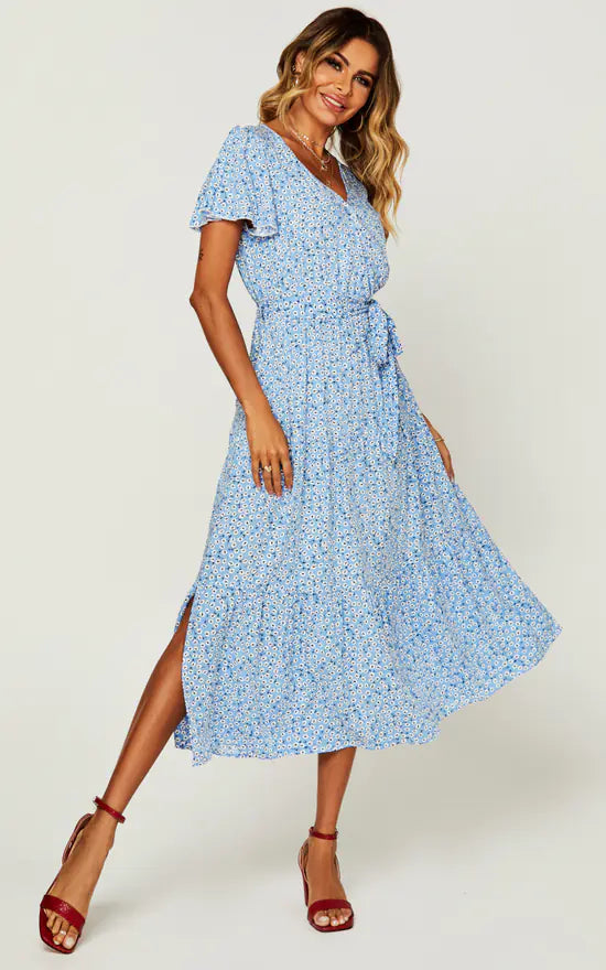 Floral Print Wrap Midi Dress In Blue