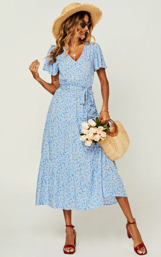 Floral Print Wrap Midi Dress In Blue