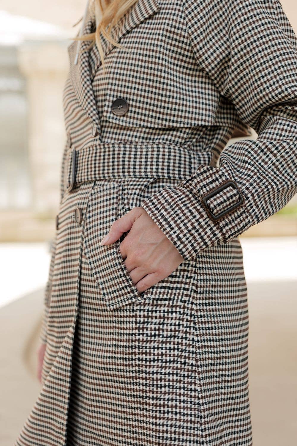 Long houndstooth print trench coat