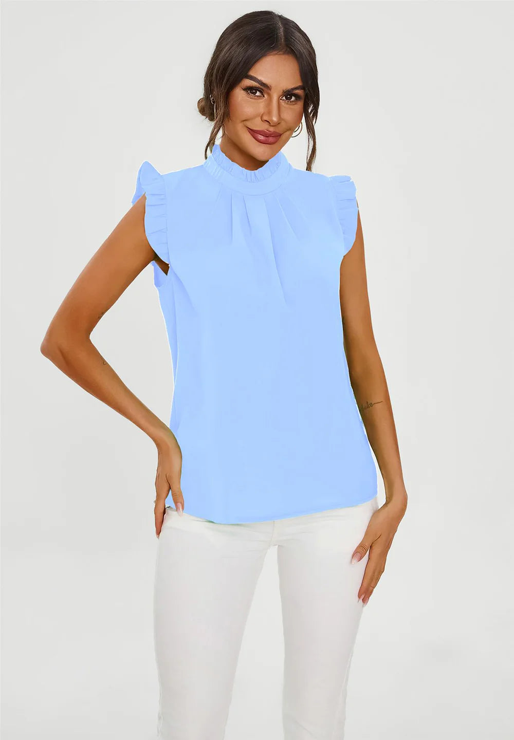 Frill Trim Sleeve High Neck Blouse in Light Blue