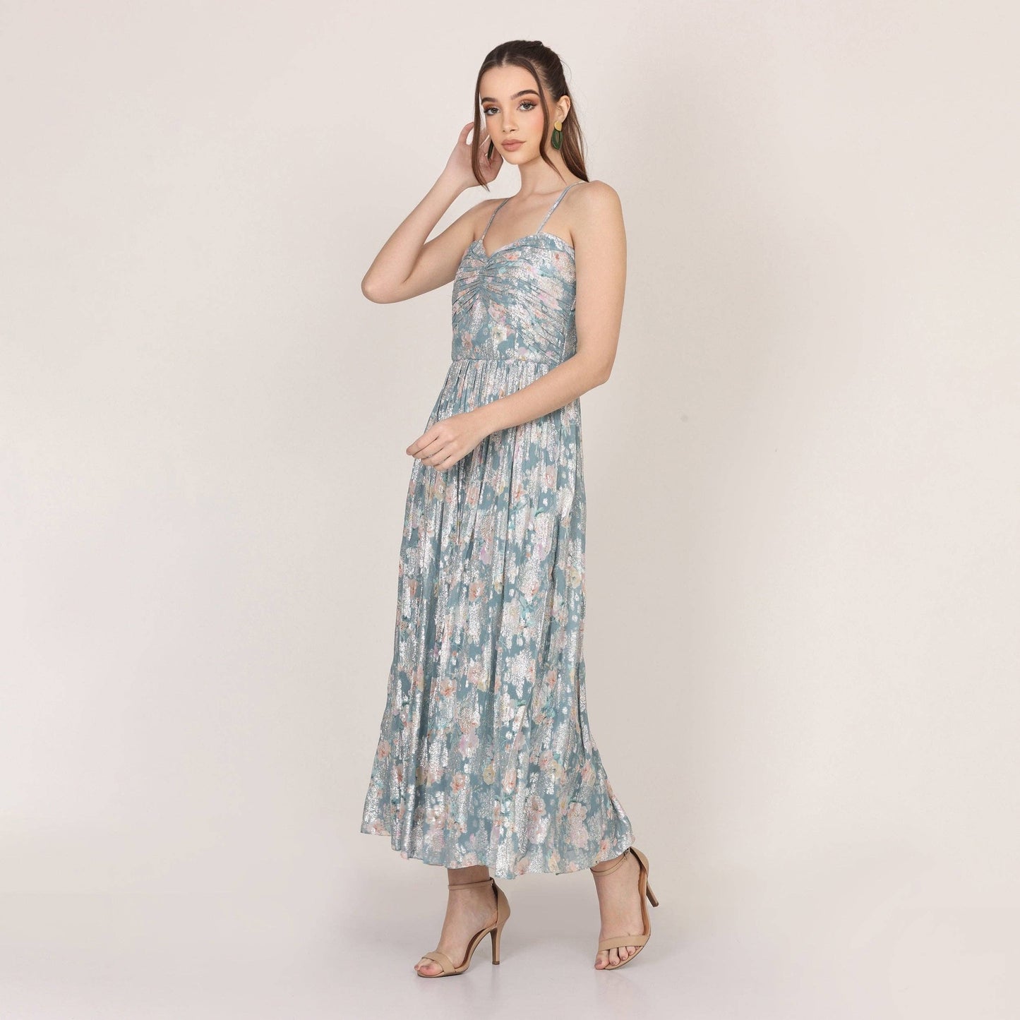 Nelex Metallic Printed Midi Dress in Blue