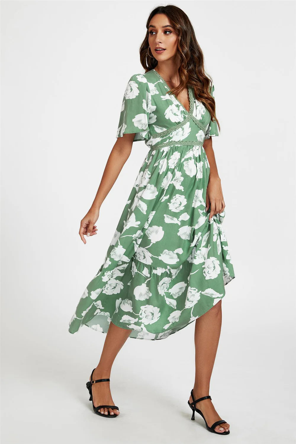 White Floral Print Midi Dress In Green