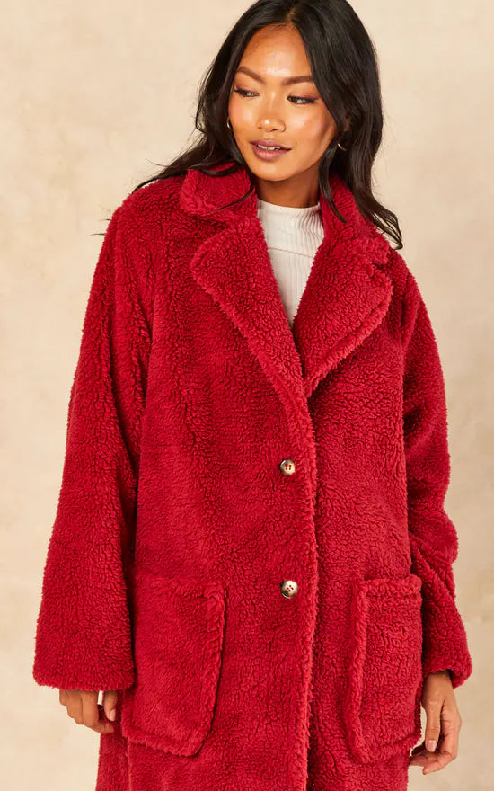 Burgundy Faux Fur Longline Teddy Overcoat