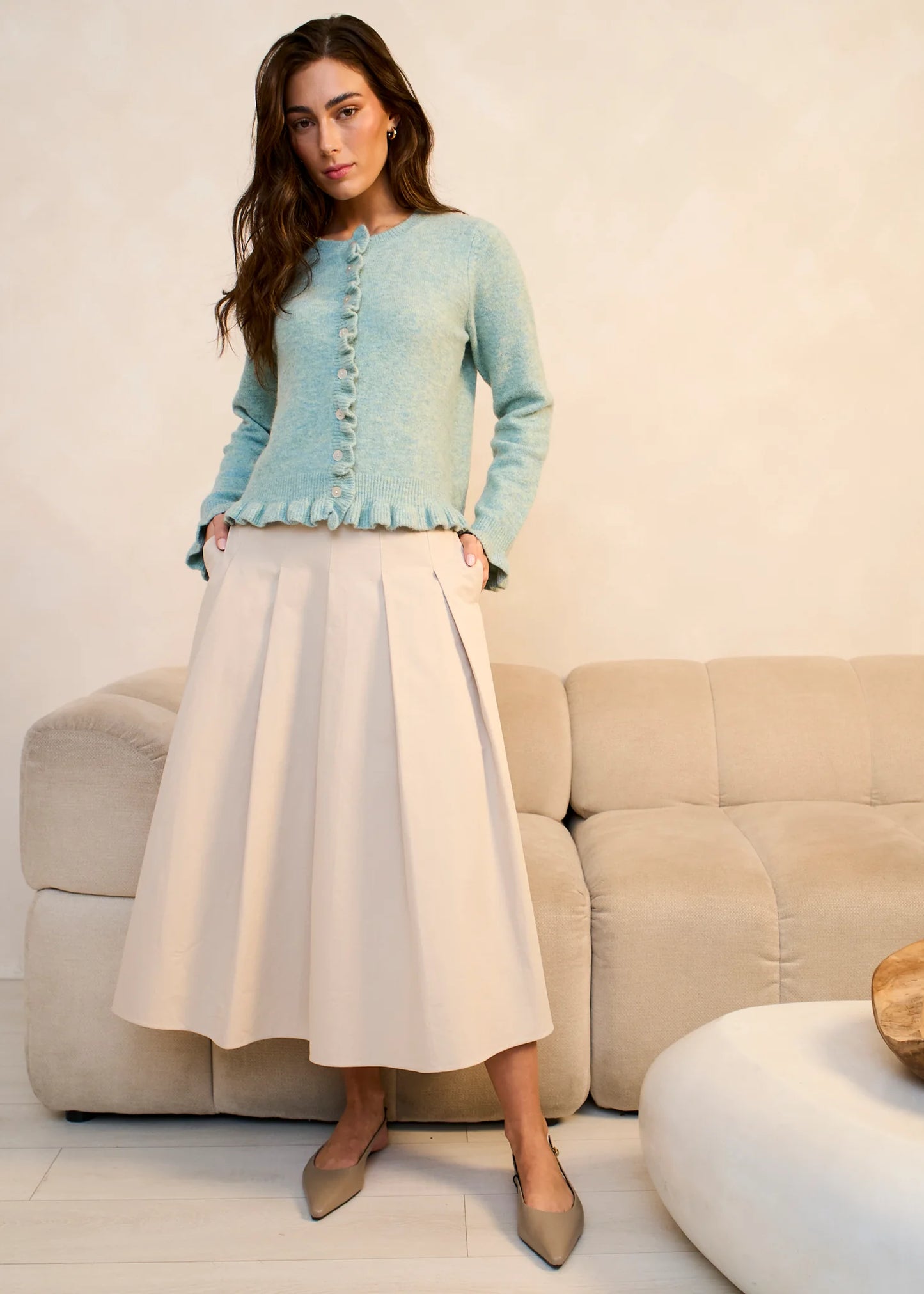 Green Long Sleeve Ruffle Front Cardigan