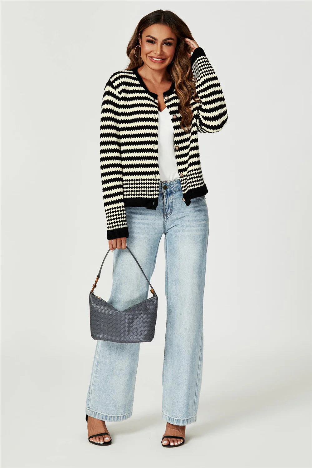 Geo Knitted Cardigan in Black and Cream