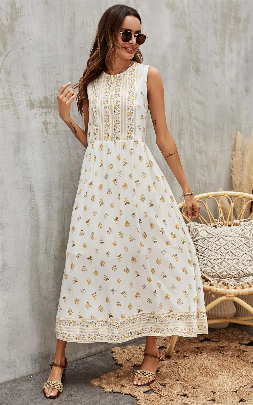 Yellow and White Floral Midi Dress 