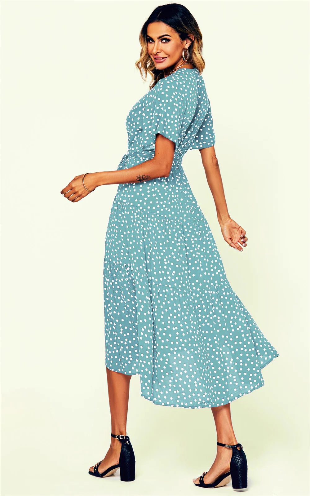 Polka dot wrap dress in blue