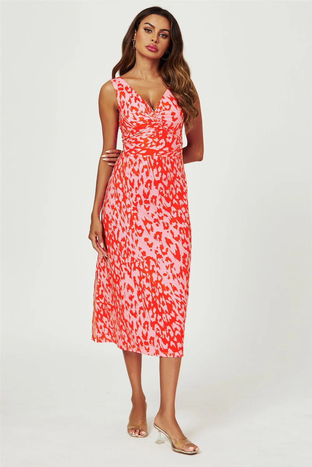 Leopard Print V Neck Knot Front Midi Dress In Pink
