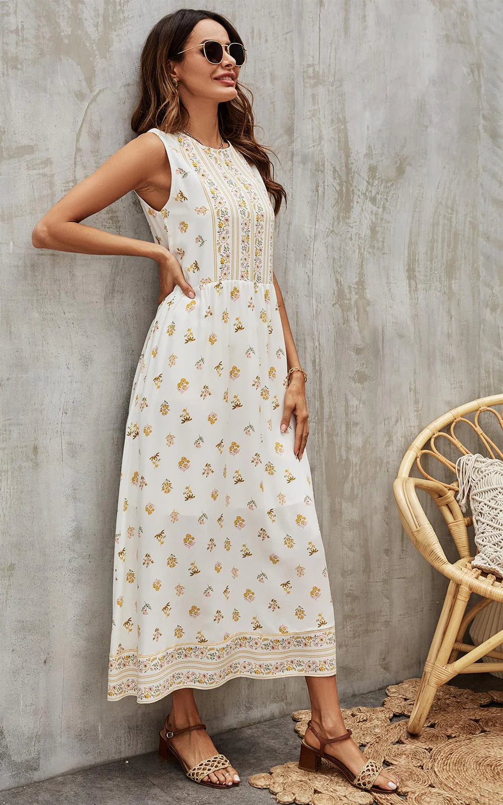 Yellow and White Floral Midi Dress 