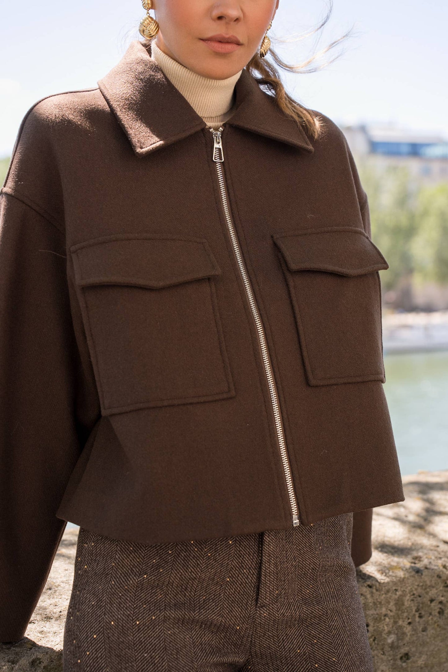 Structured short jacket in blended wool with patch pockets in Brown