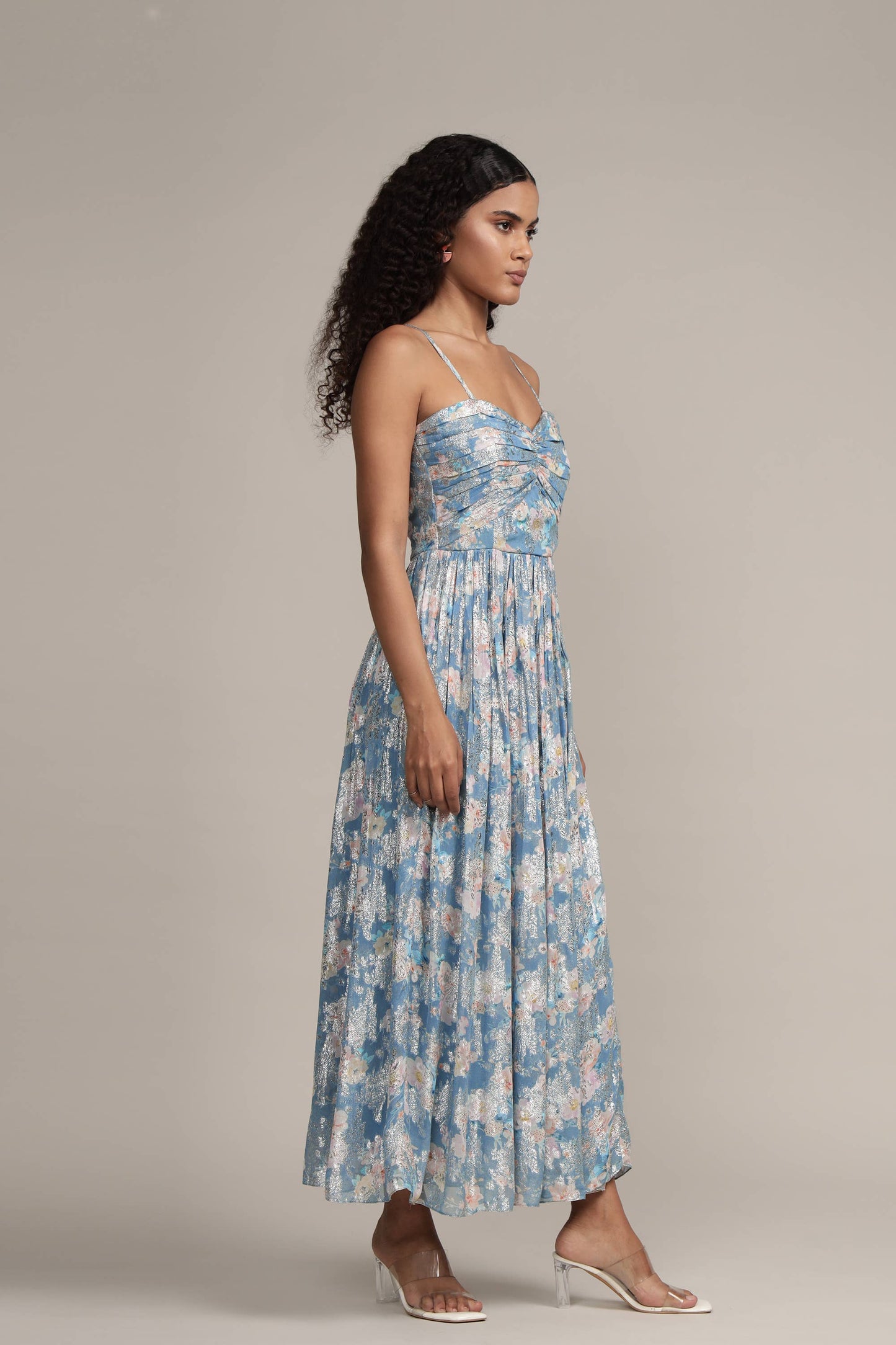 Nelex Metallic Printed Midi Dress in Blue