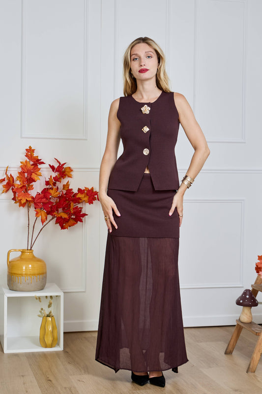 Sleeveless Top with Gold Buttons in Chocolate