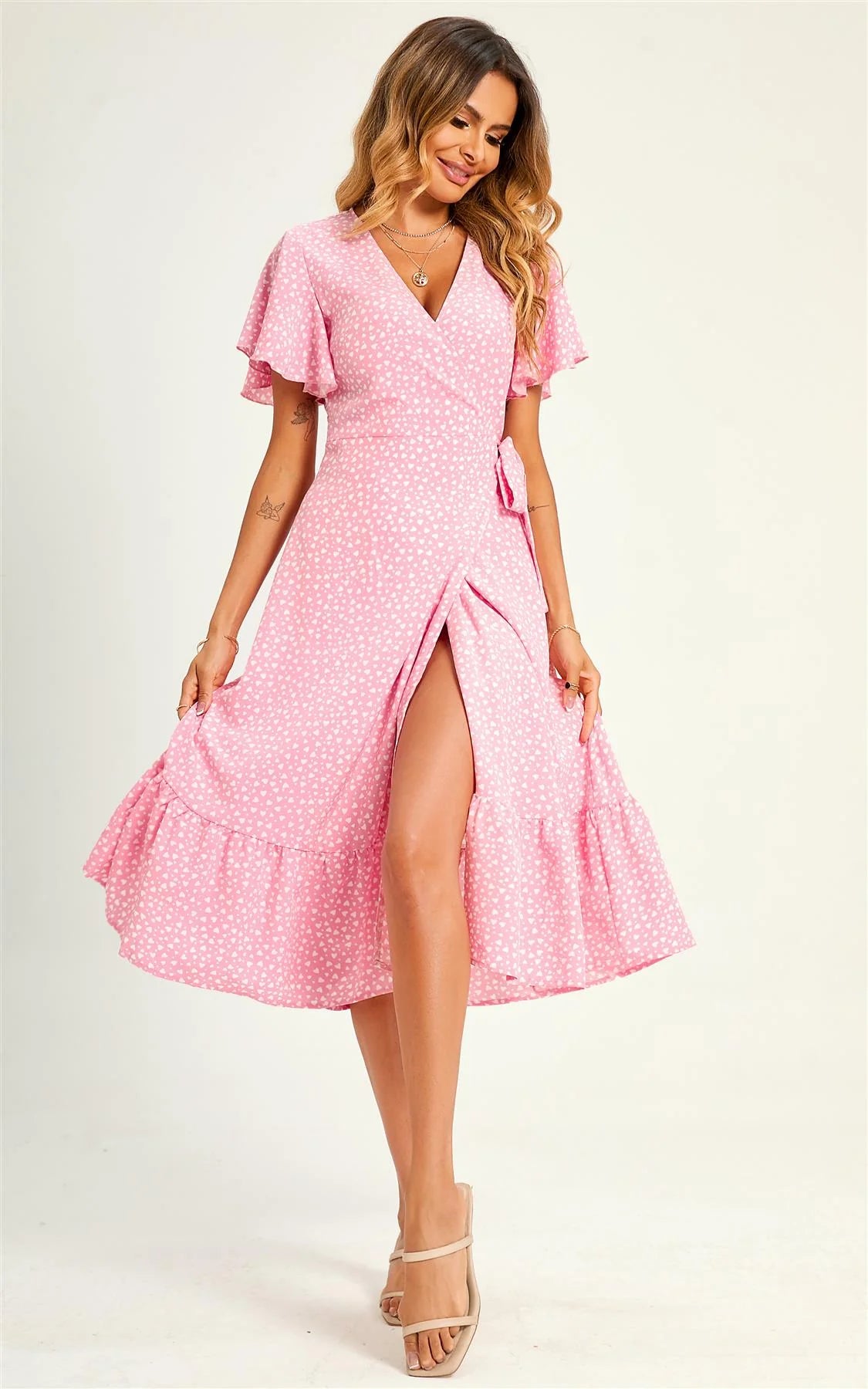 Heart Print Wrap Midi Dress In Pink