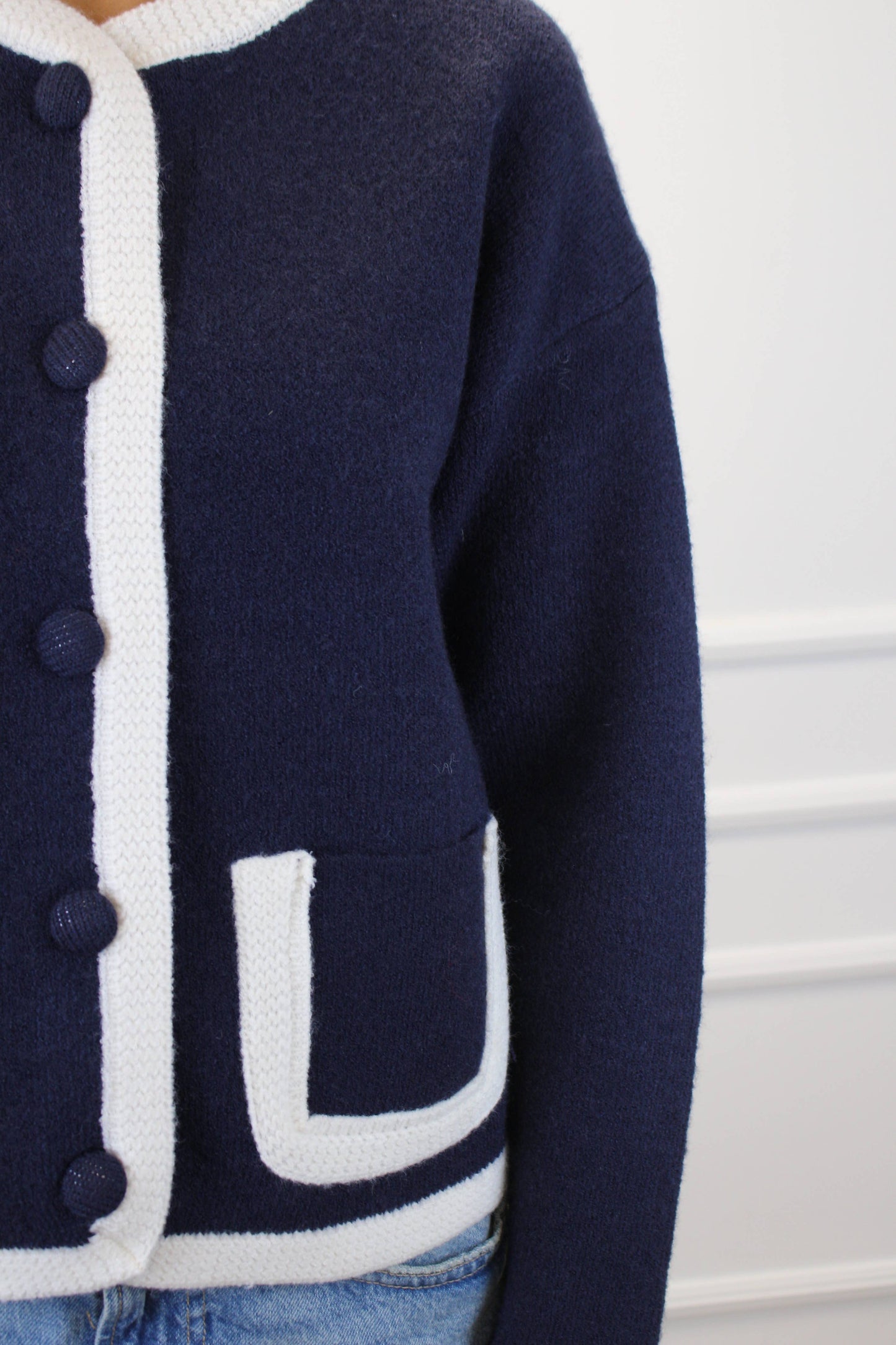 Round neck button through cardigan in Blue