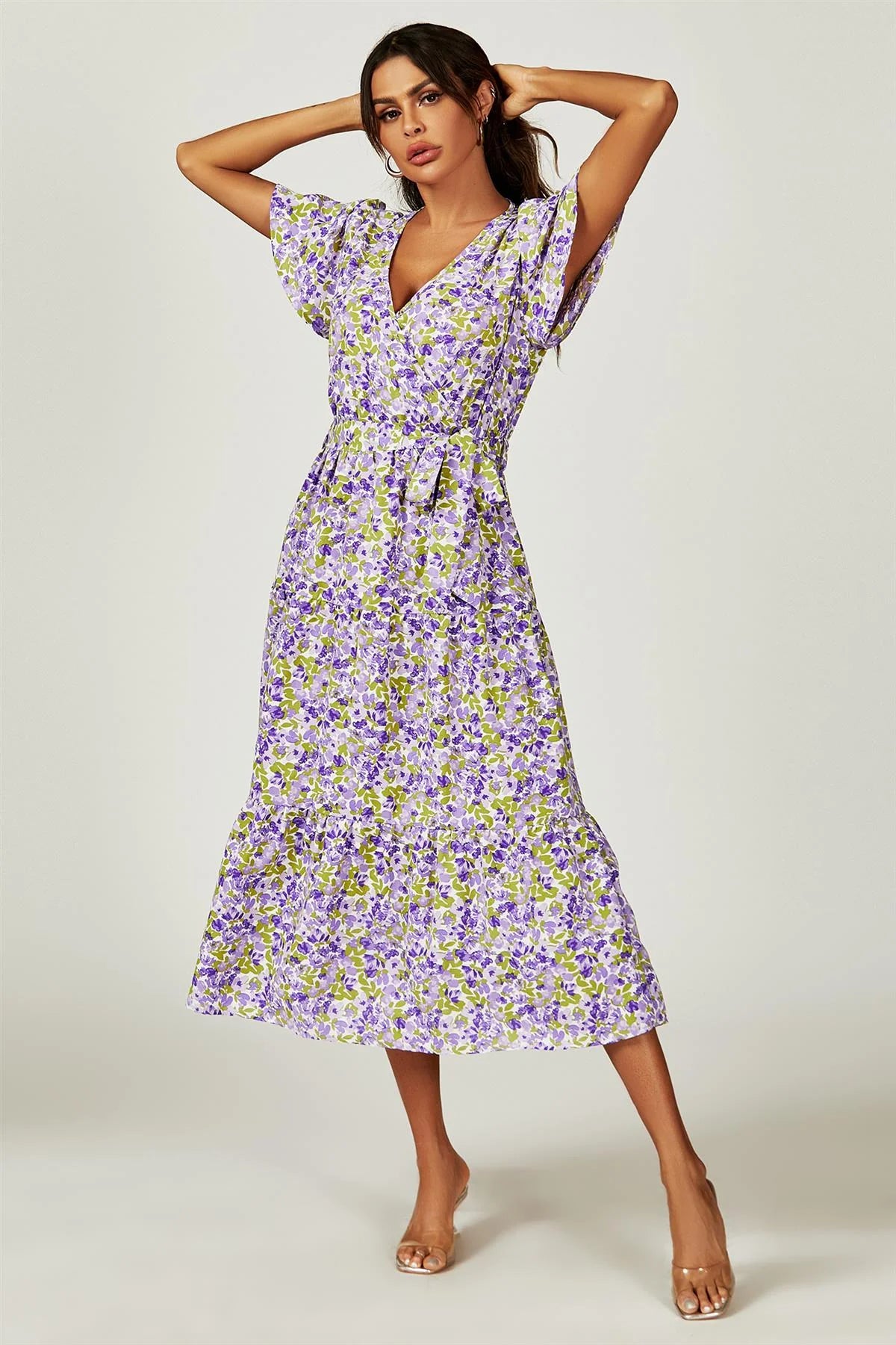 Floral Print Wrap Dress in Purple