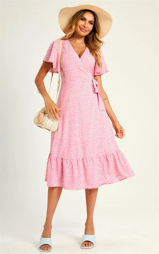 Heart Print Wrap Midi Dress In Pink