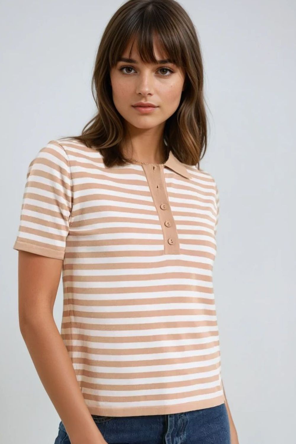 Beige and White Striped Knitted Polo T-shirt