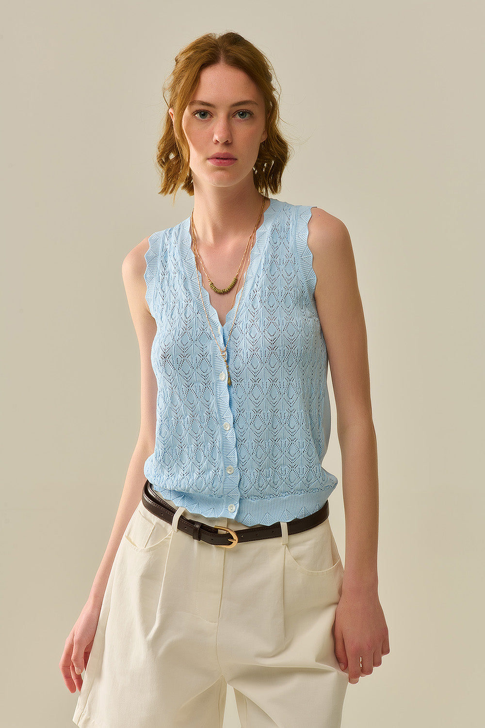 Pointelle Knitted Vest With Scalloped Edges in Blue