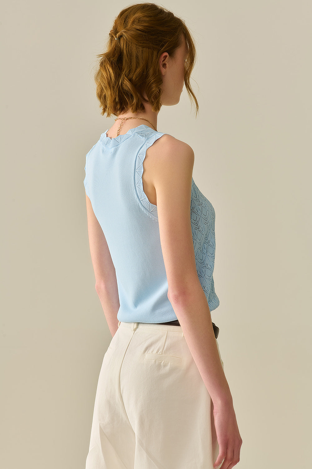 Pointelle Knitted Vest With Scalloped Edges in Blue