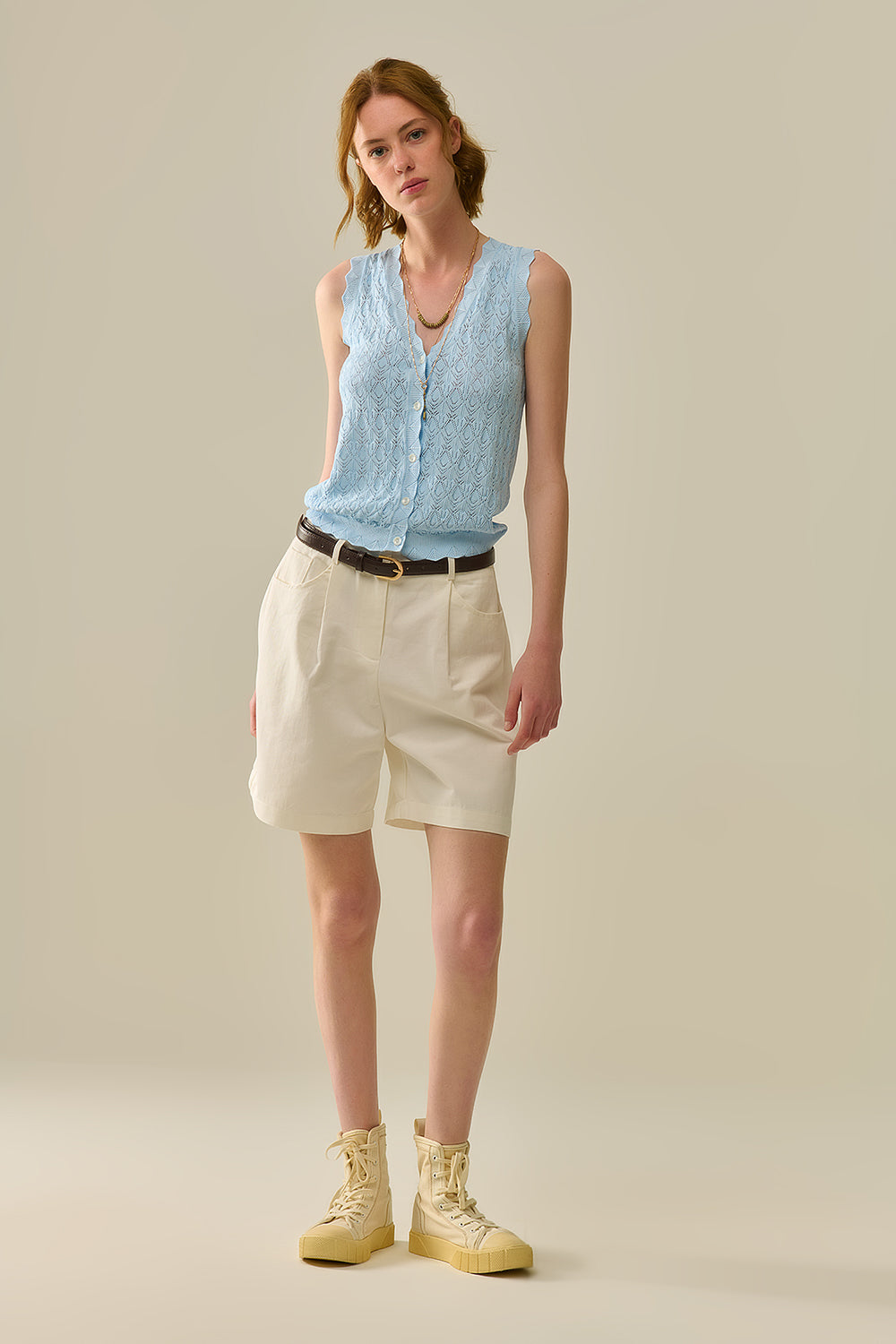 Pointelle Knitted Vest With Scalloped Edges in Blue