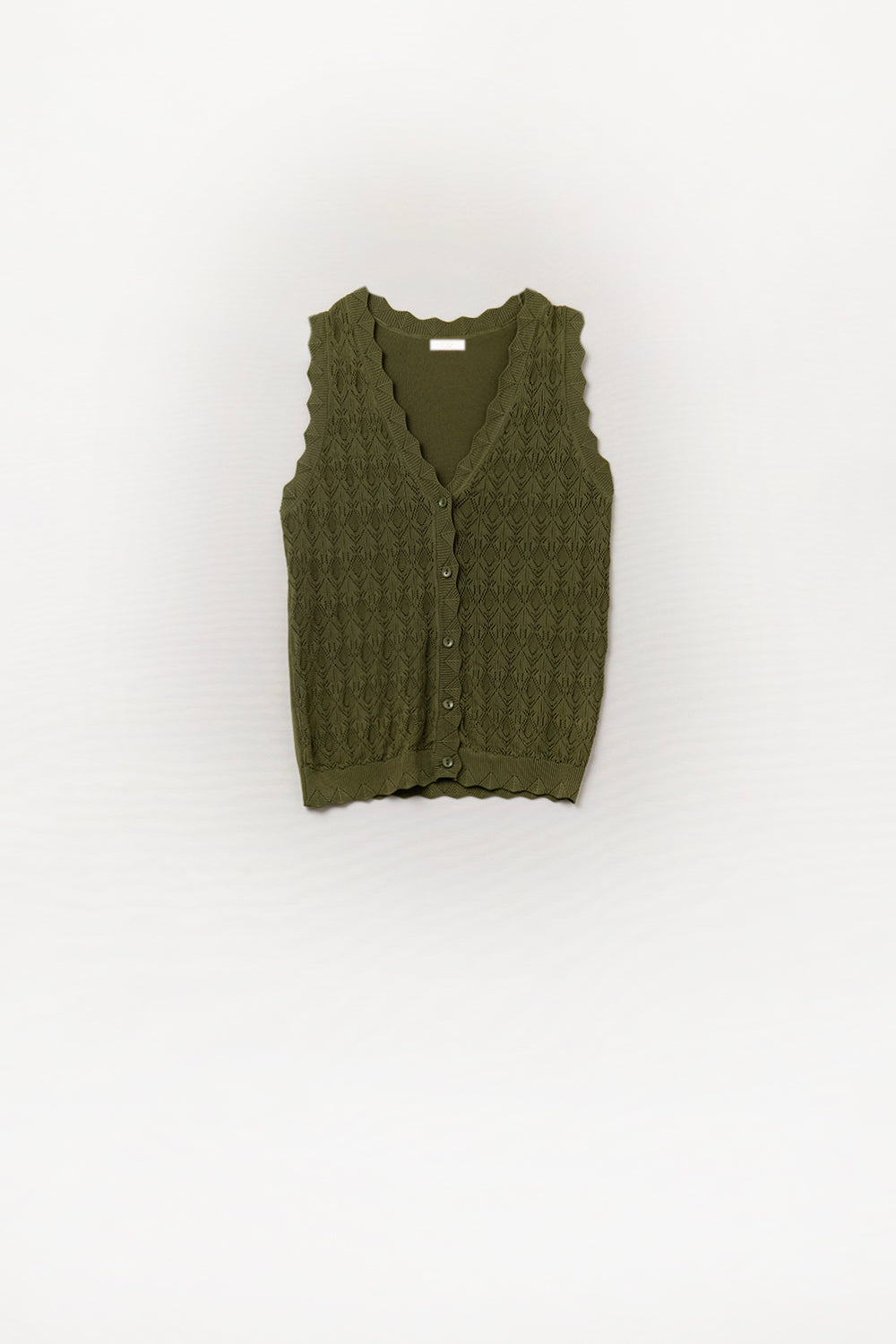 Pointelle Knitted Vest With Scalloped Edges in Khaki