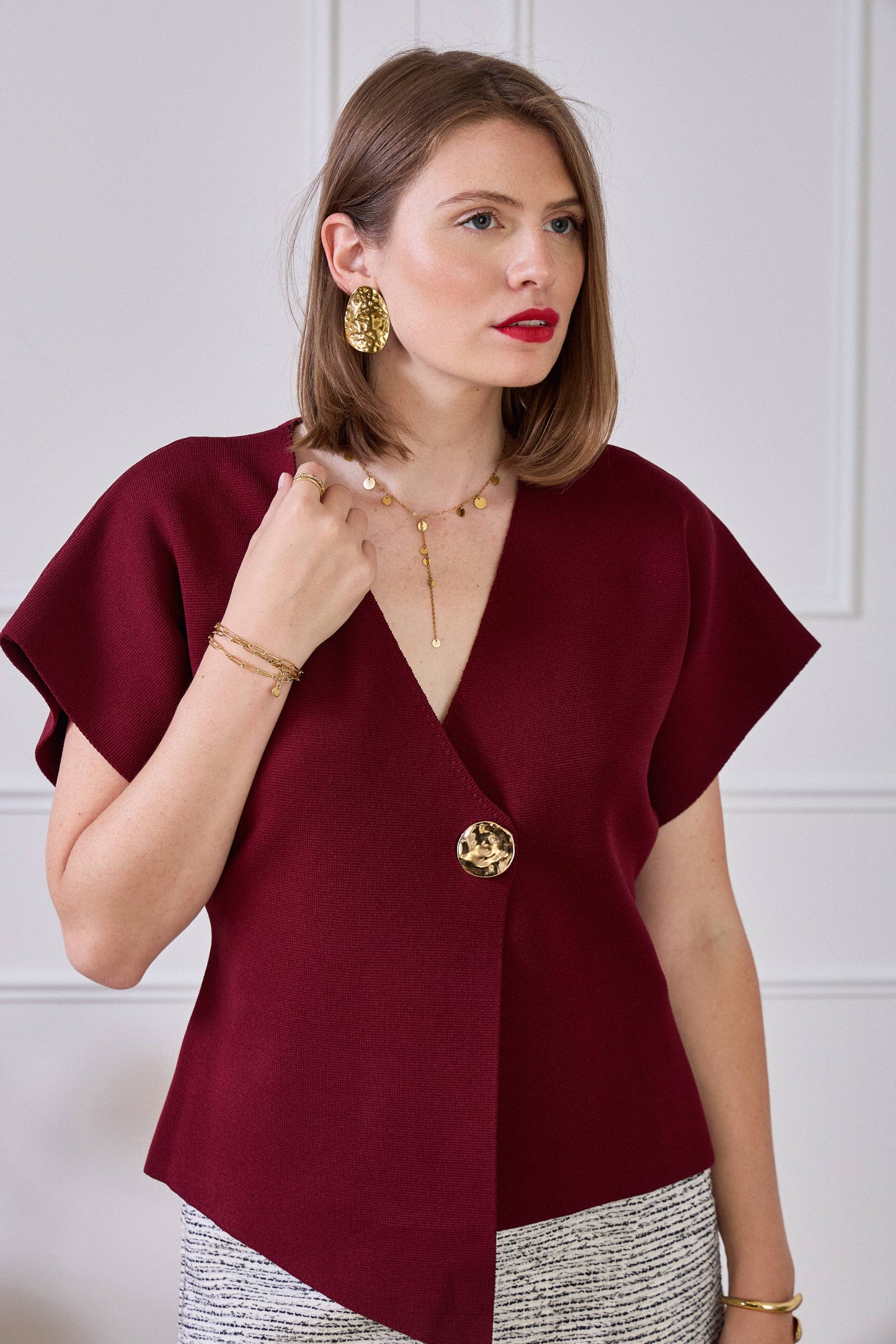 Bordeaux Vest in Wine - Gold Button Detail