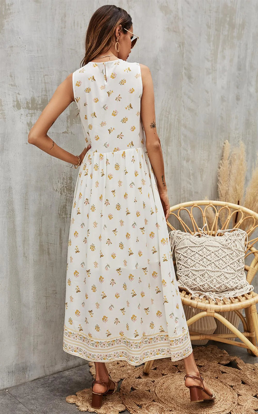 Yellow and White Floral Midi Dress 
