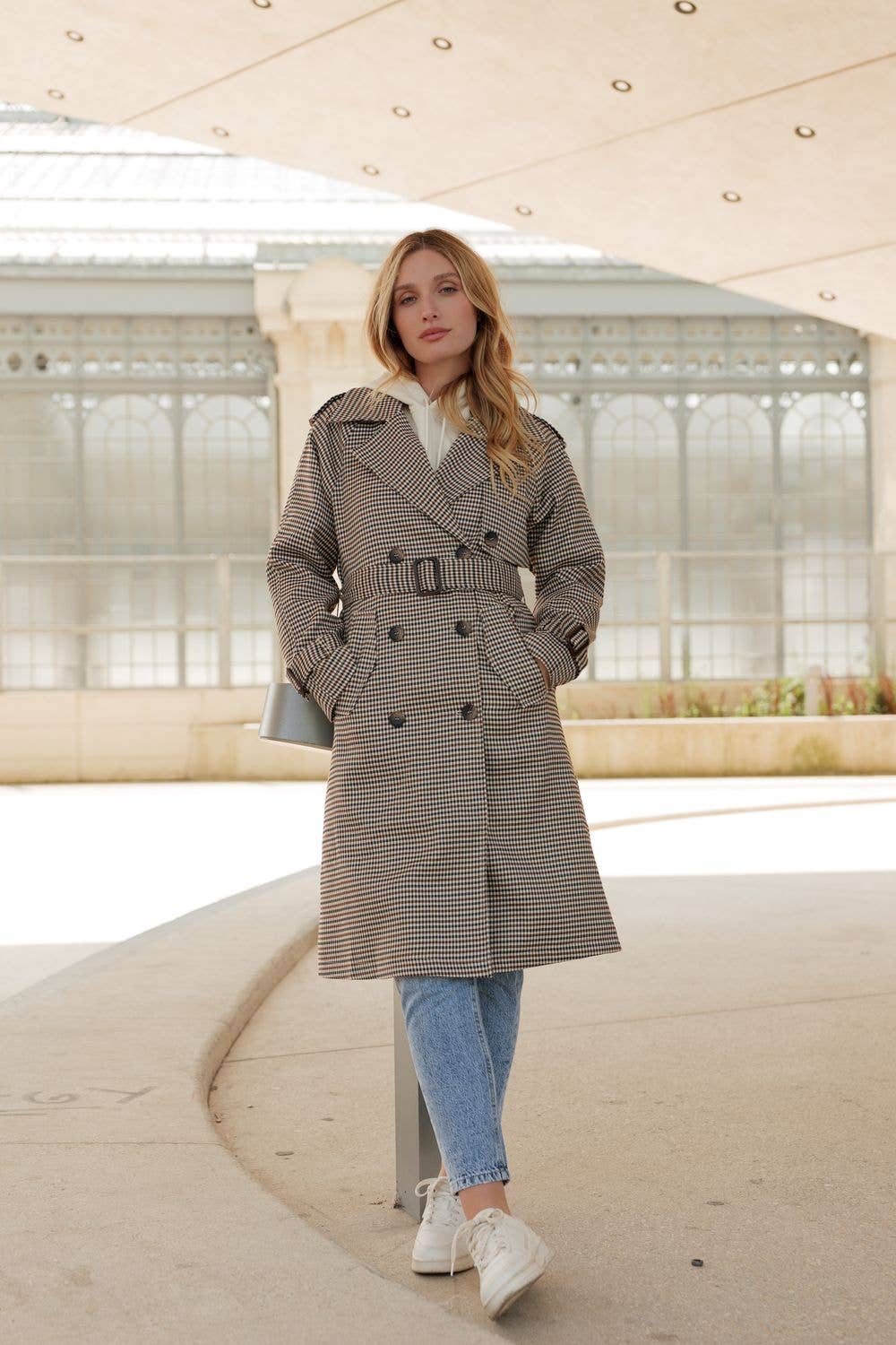 Long houndstooth print trench coat