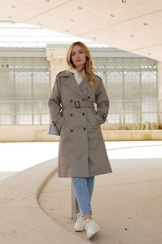 Long houndstooth print trench coat