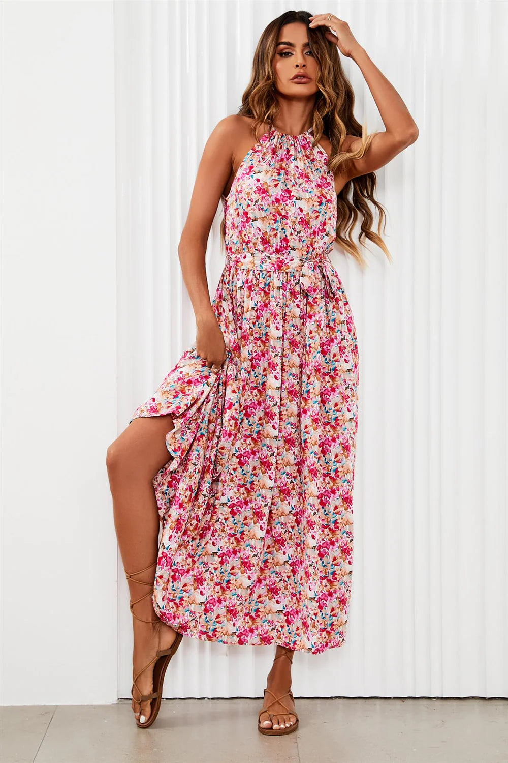 Floral Tie Halterneck Dress  in Pink.