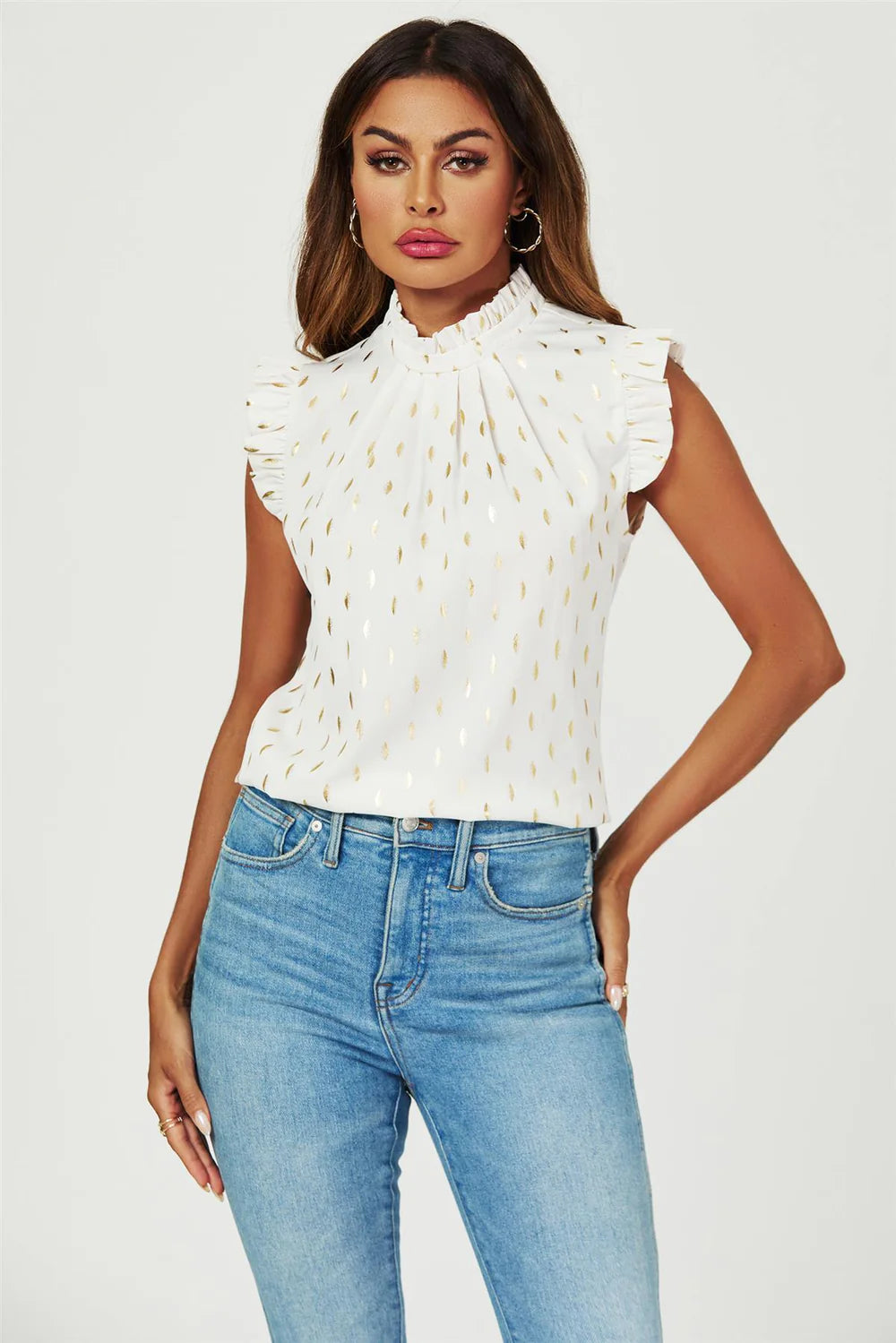 Gold Foil Frill Trim Sleeve High Neck Blouse
