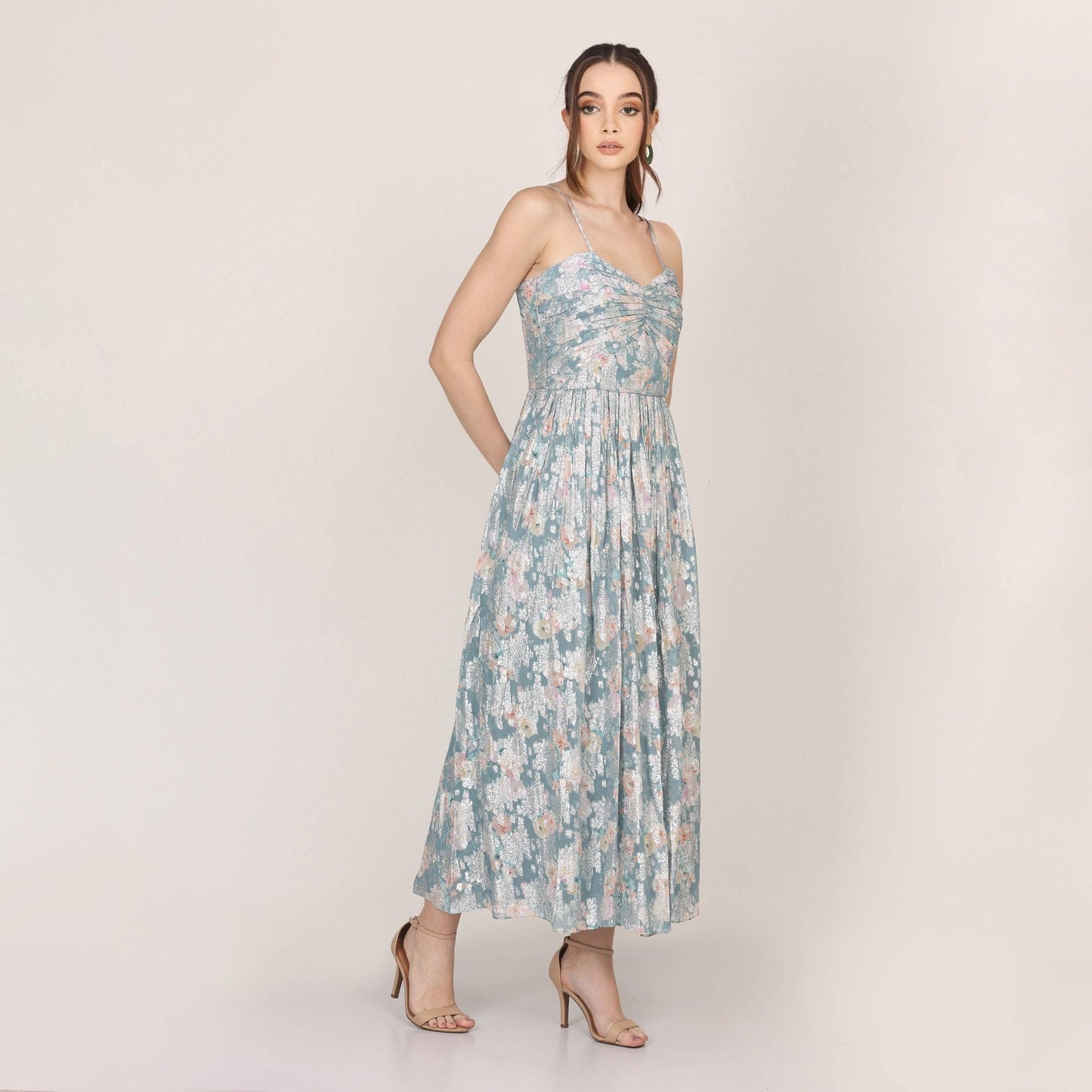 Nelex Metallic Printed Midi Dress in Blue