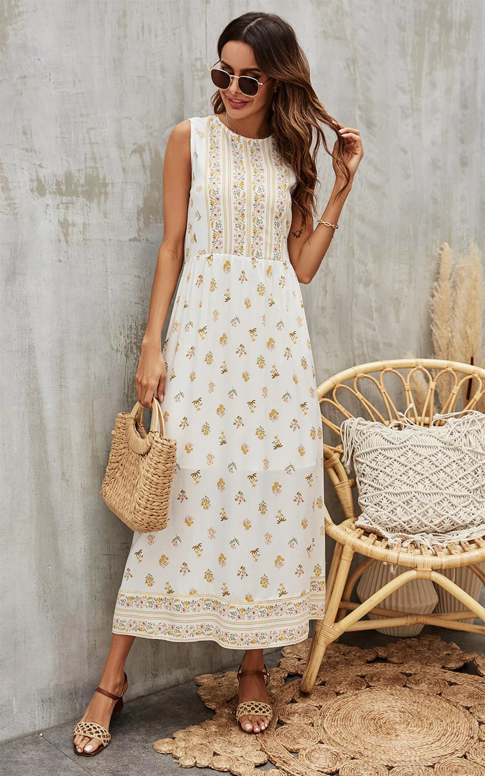 Yellow and White Floral Midi Dress 