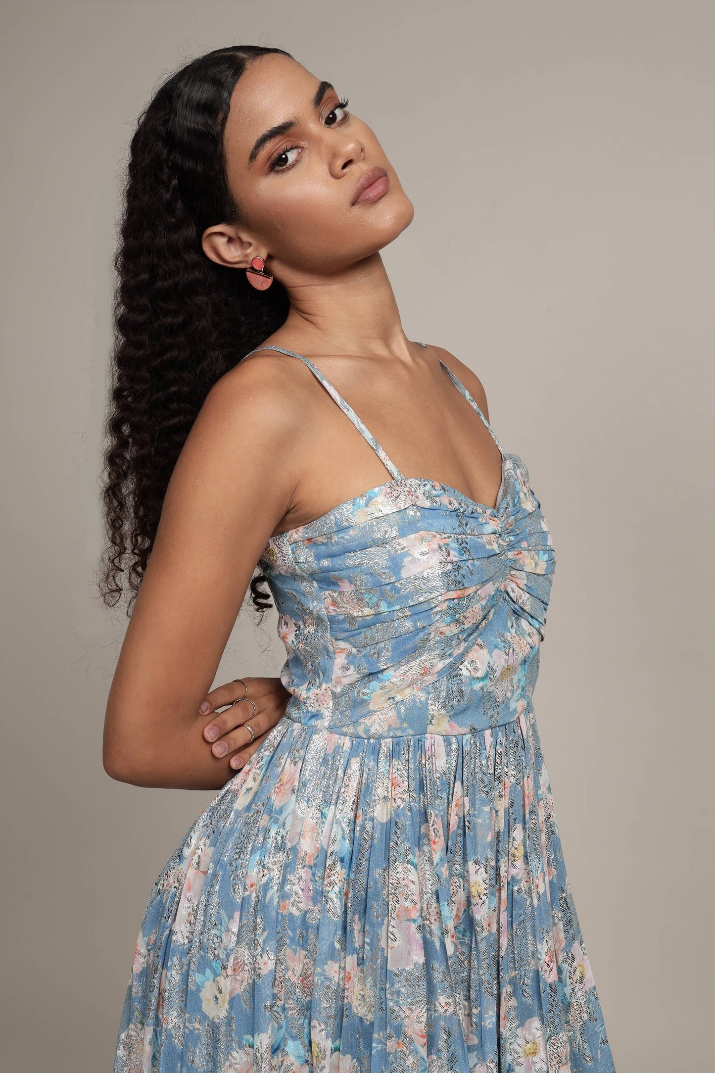 Nelex Metallic Printed Midi Dress in Blue