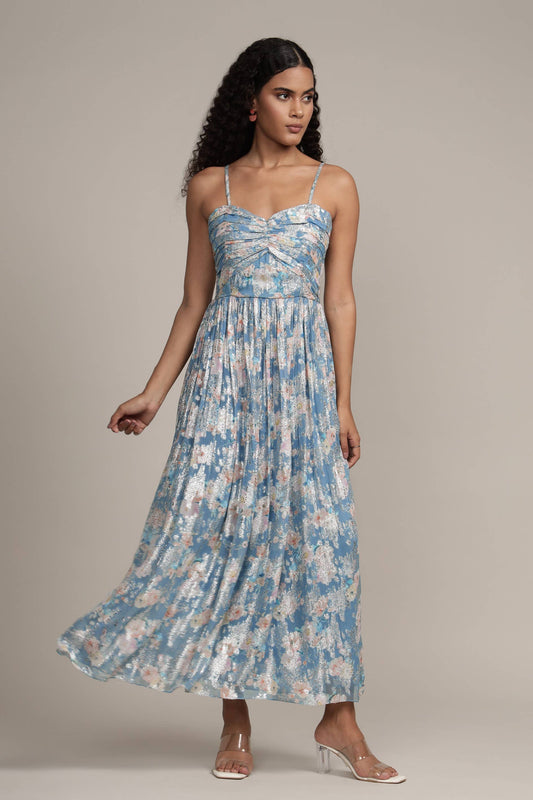 Nelex Metallic Printed Midi Dress in Blue