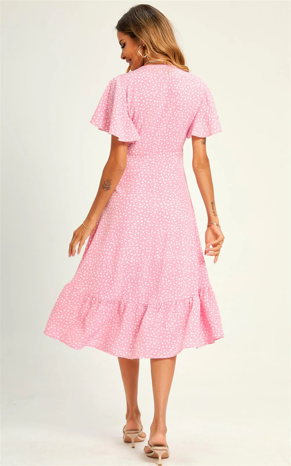 Heart Print Wrap Midi Dress In Pink