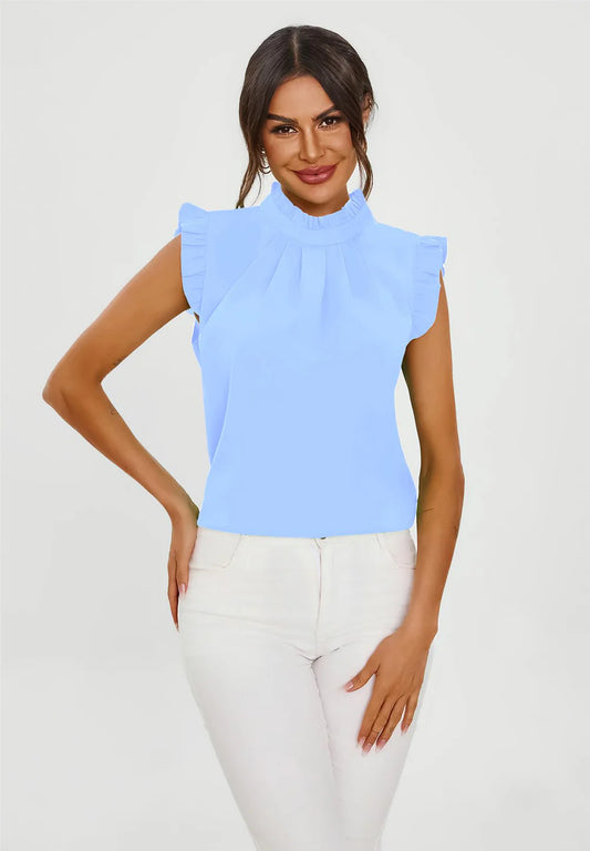 Frill Trim Sleeve High Neck Blouse in Light Blue