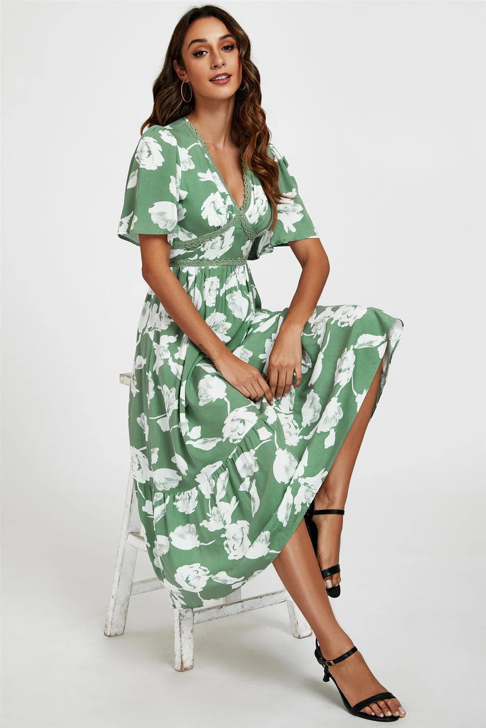 White Floral Print Midi Dress In Green