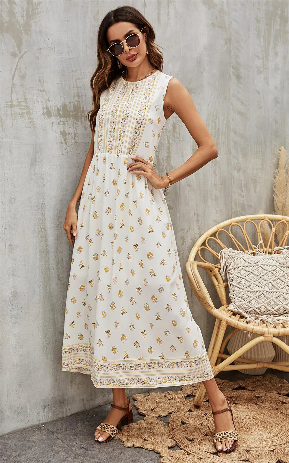 Yellow and White Floral Midi Dress 