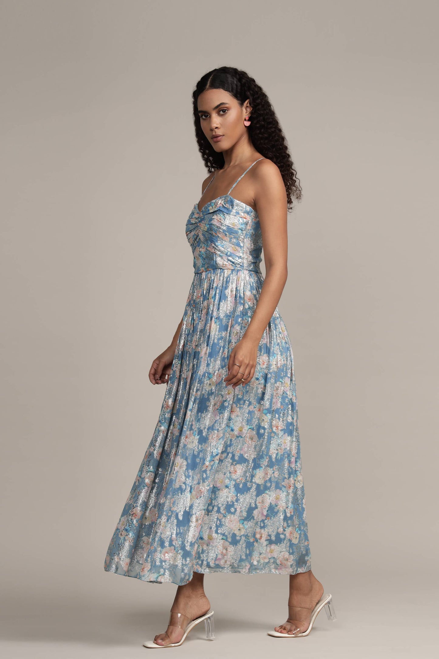 Nelex Metallic Printed Midi Dress in Blue