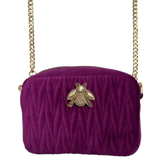 Velvet Rivington bag in fuchsia with gold insect brooch