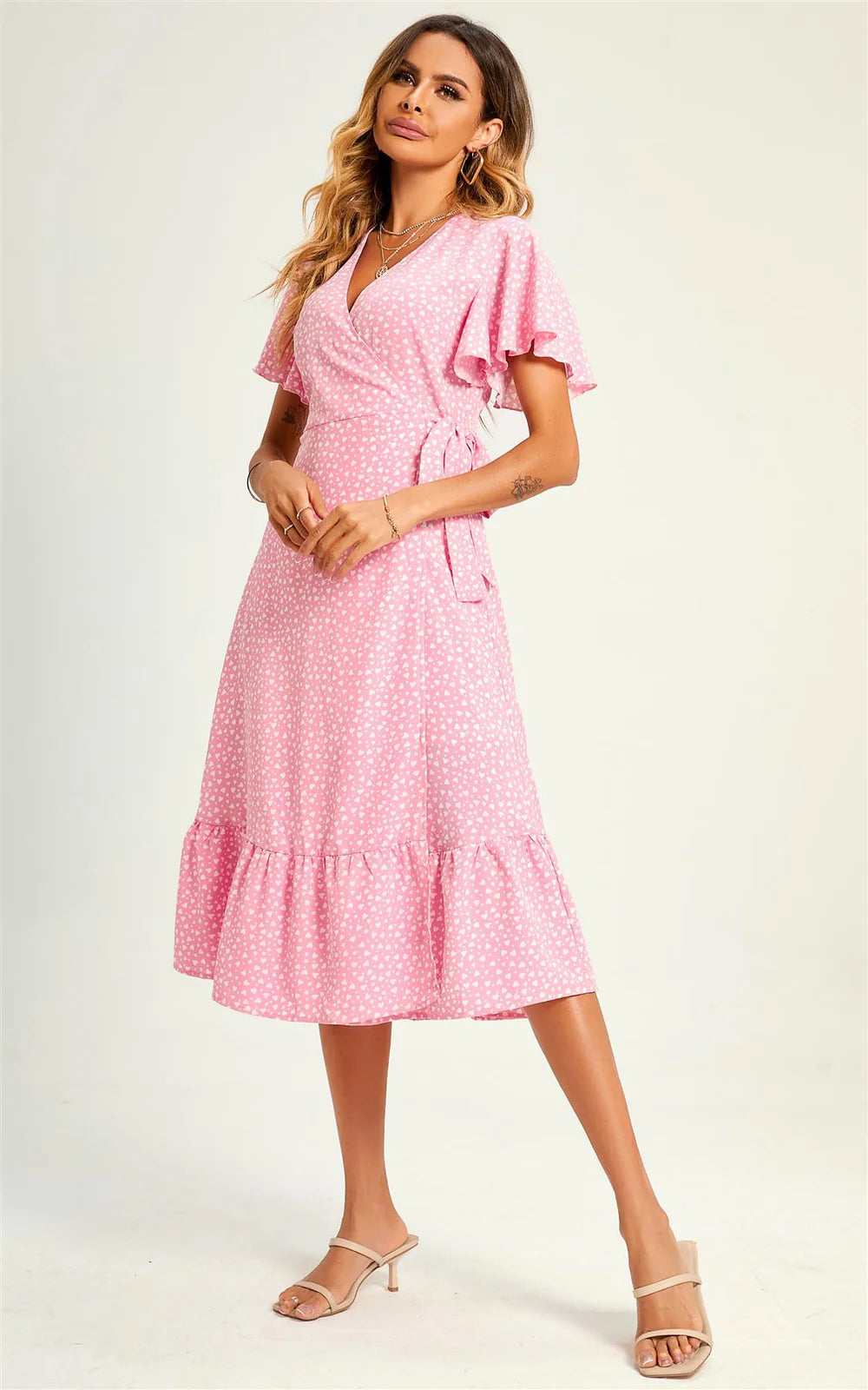 Heart Print Wrap Midi Dress In Pink
