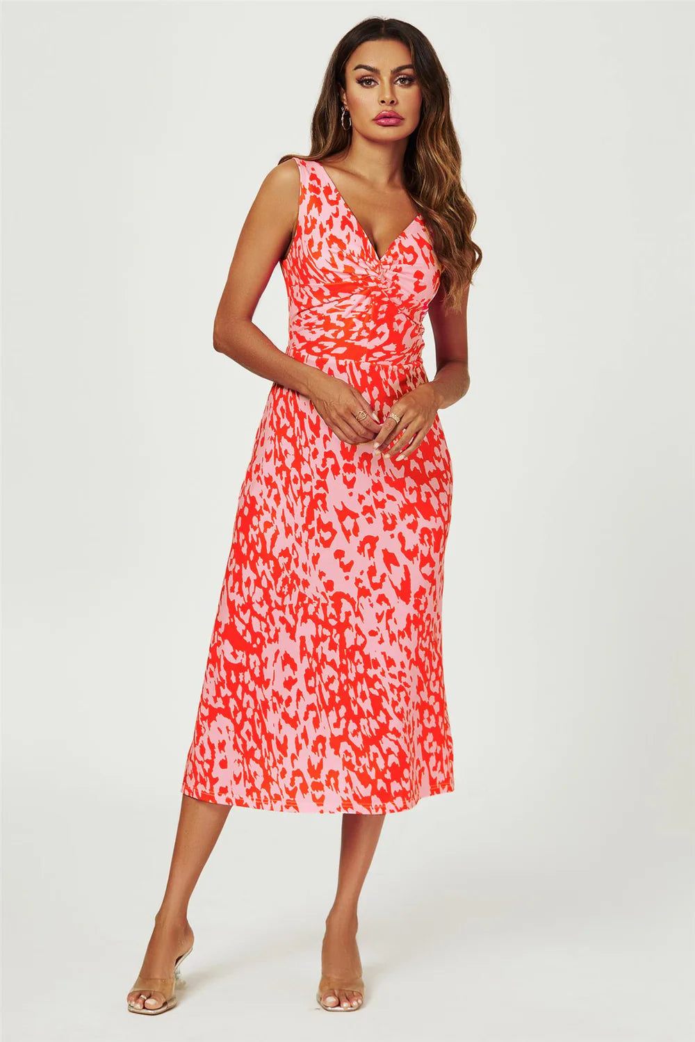 Leopard Print V Neck Knot Front Midi Dress In Pink