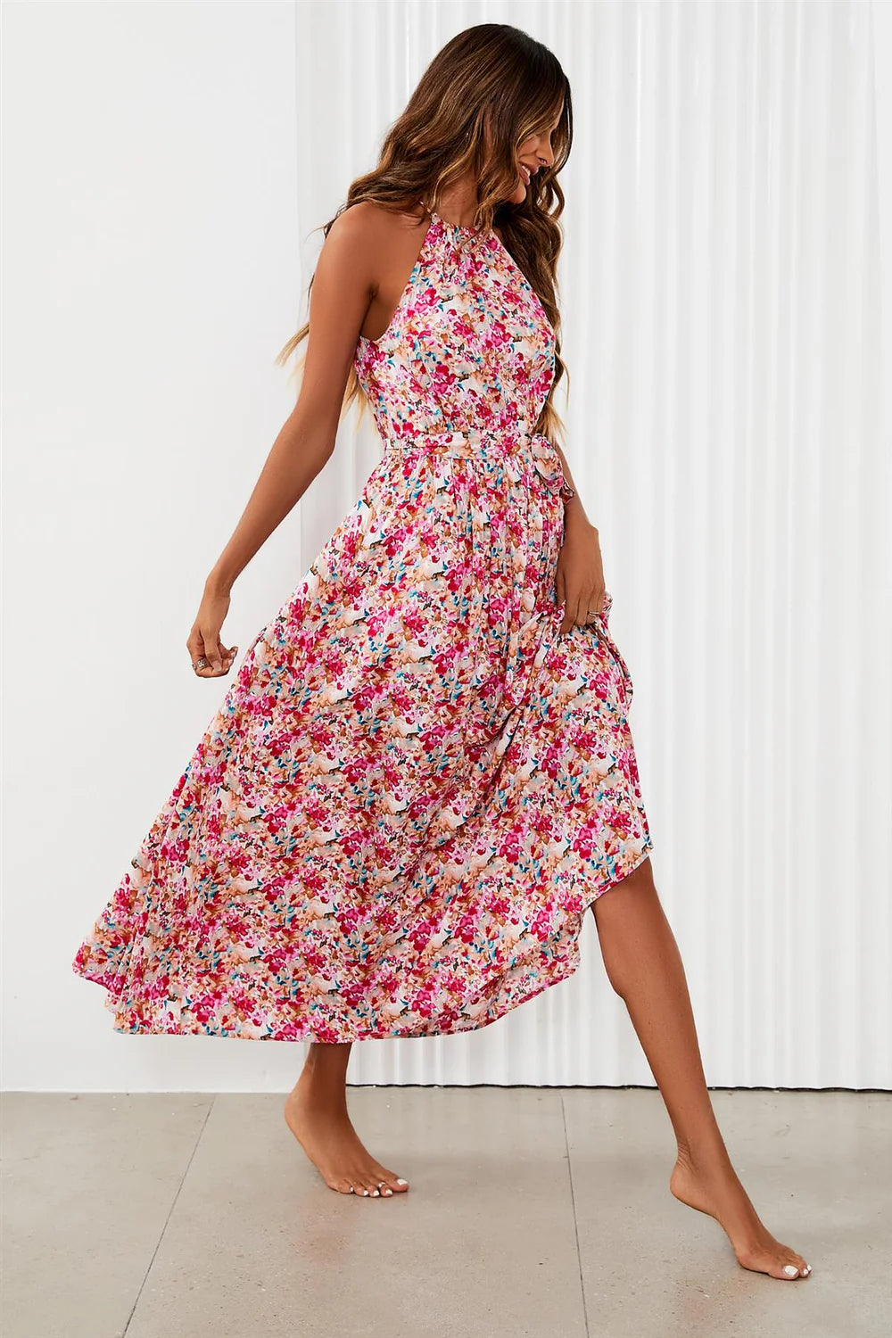 Floral Tie Halterneck Dress  in Pink.