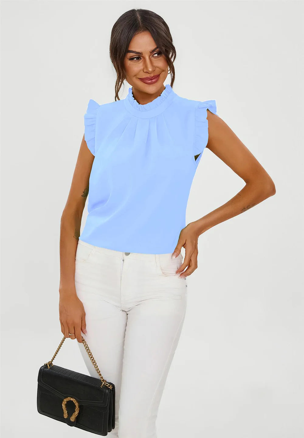 Frill Trim Sleeve High Neck Blouse in Light Blue