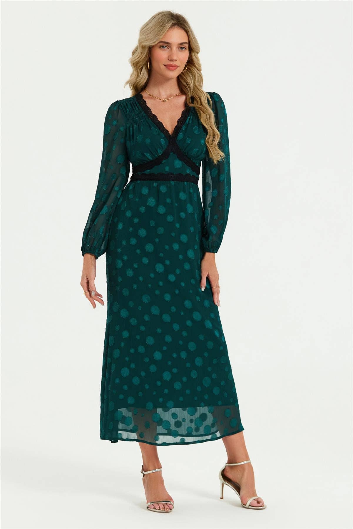 Jacquard Lace Trim Dress In Green